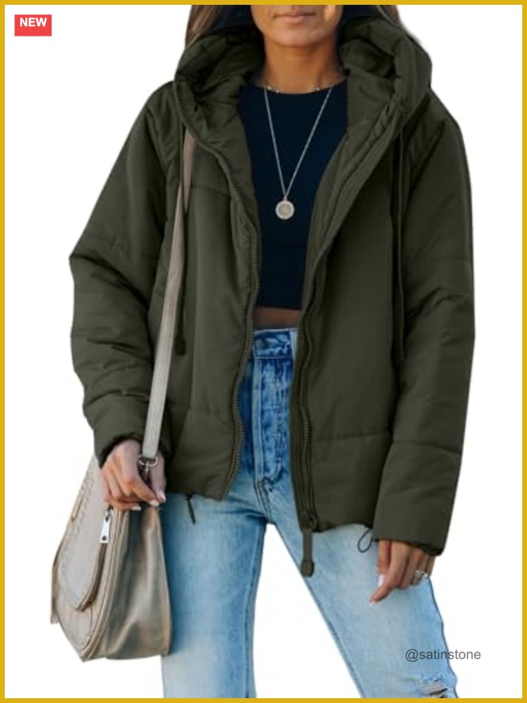 Women's Full Zipper Hooded Puffer Jacket Short Coat With Pockets